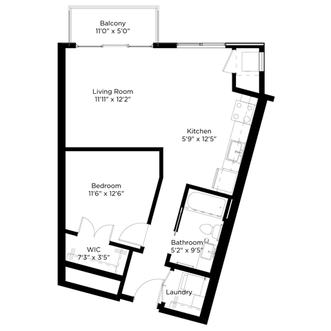 Floor plan for 1 bed, 1 bath, 705 sqft
